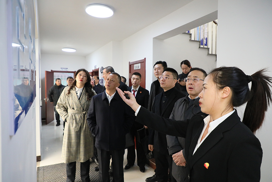马仲河镇政法委员邢蓉（右一）向拉练团成员介绍“一庭两所多部门”多元化解矛盾纠纷的工作流程